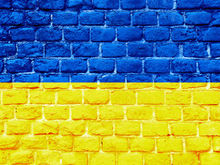 Ukrainian flag painted on brick wall
