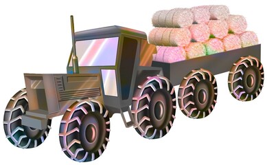 Tractor with hay bales on white background.