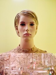 Mannequin of a woman behind a window of a store.