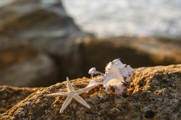 Engagement ring on a seaside with starfish