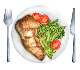 Chicken breast and asparagus. Watercolor illustration