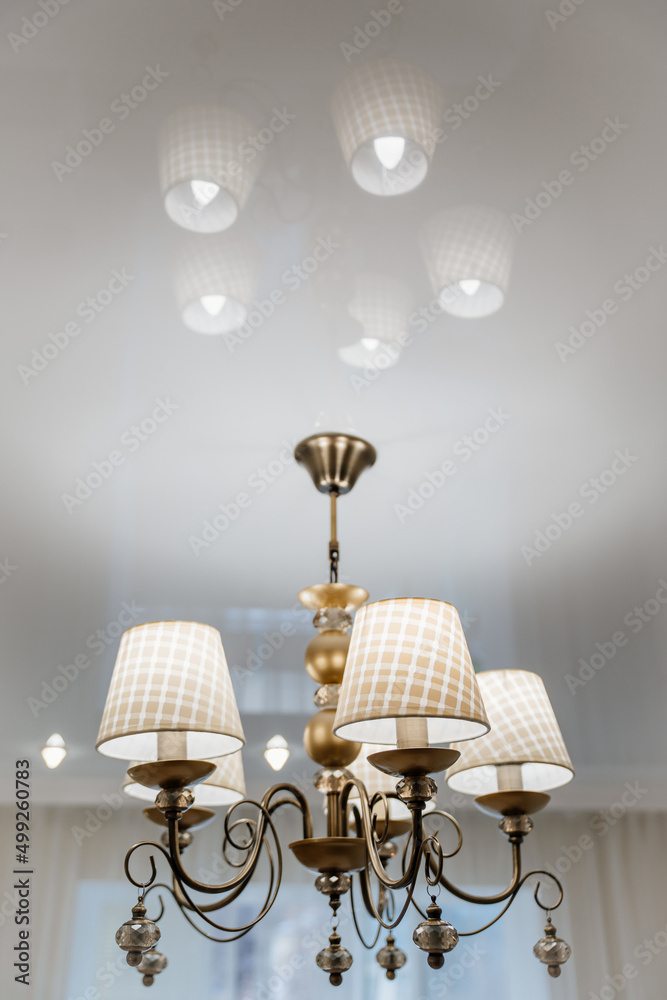 Poster classic ceiling lamp with white lampshades. lighting fixtures.