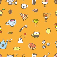 Fototapeta na wymiar Seamless pattern with food, drinks and utensils on orange background. Doodle cafe wallpaper. Cute vector print.