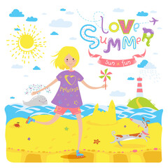 Obraz na płótnie Canvas Cute seasonal banner with happy rollerskating teenage girl and dog. Summer beach, coast of the sea, sand, whale. Vector illustration for sticker, bookmark, greeting card or other childish accessories