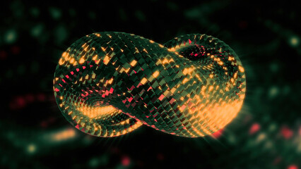 Abstract spinning slowly twisted chain object. Motion. Metal horizontal infinite sign of glowing particles on a shimmering background, seamless loop. © Media Whale Stock