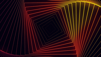 Endless square neon tunnel of rotating red and yellow gradient silhouettes. Motion. Hypnotic spinning corridor, seamless loop.