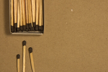 Matches and open pack of matches on a craft background. Place for text. Top view.