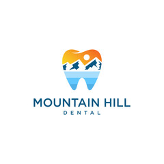 Obraz premium Modern tooth logo with mountains, river, hill, sun vector design