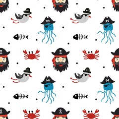 Seamless pattern pirates with seagulls, crabs and jellyfishes. Vector illustration for designs, prints and patterns. Isolated on white background.