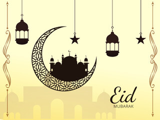 Eid Mubarak islamic background with moon with star with lantern with fantastic mosque