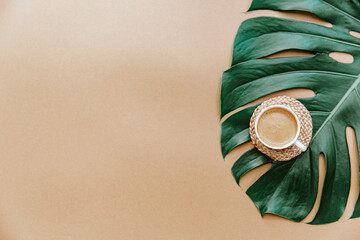 Monstera leaf with coffee cup. Tropical jungle palm leaves on brown background. Copy space. summer minimal background flat lay, view from top