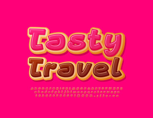 Vector sweet poster Tasty Travel. Pink glazed Alphabet Letters, Numbers and Symbols set. Delicious handwritten Font