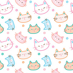 Seamless Pattern of Cartoon Cat Face Design on White Background