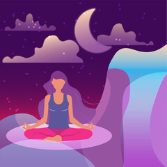 Obraz na płótnie Canvas Yoga meditation girl in space in a flat style, dreaming, manifesting, magic, power of thoughts, abundance, spirituality 