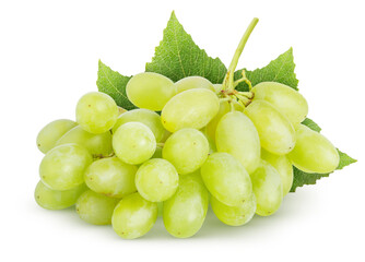 Isolated grapes bunch. Green (yellow) grapes with leaves isolated on white background with clipping...