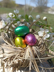 Nest with three easter eggs green, yellow and pink. Picking up, celebration
