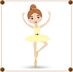 Cute girl ballerina in a yellow dress with a bun on her head