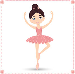 Cute girl ballerina in a pink dress with a bun on her head