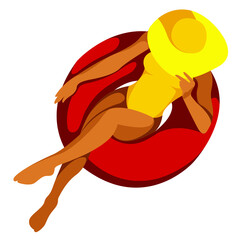 vector illustration on the theme of summer holidays. woman in a yellow swimsuit and a big hat swims on a circle in the pool.useful for summer vacation, swimming pool, resort, print, flyer, advertising