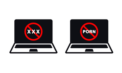 No porn icon on computer laptop screen. Mature video warning. Stop watching  porn campaign. Vector illustration