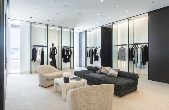 Kyiv, Ukraine, July 28, 2018. Interior of Chanel Boutique - luxury high fashion showroom. Hall of sale exposition.