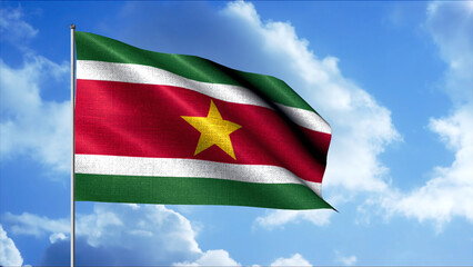 A flag of Suriname with green, white, and red horizontal stripes and a golden star. Motion. Abstract waving flag cloth on blue cloudy sky background.