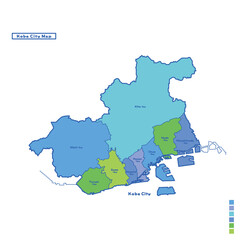 Obraz premium 神戸市行政区・神戸市地図 雨の日カラーで色分けしてみた（英語版）
