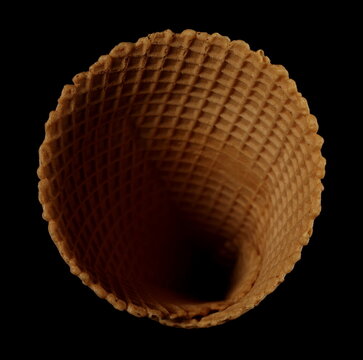 Empty Ice Cream Cone Isolated On Black, Top View 