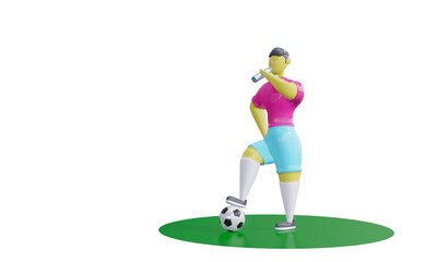 3d render. Character soccer player drinks water from a bottle and holds the ball with one foot.