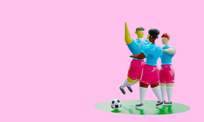 3d render. Characters Football players with different skin, hair and nationality colors hug each other and rejoice in victory. Soccer game