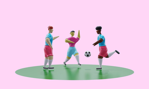 3d render. Football players with different skin color, hair and nationality kick the ball on the field. Soccer game