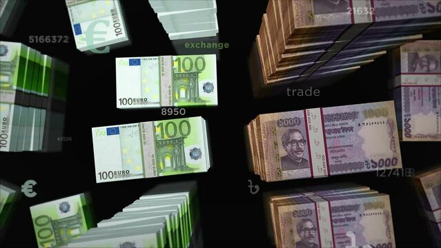 Euro and Bangladesh Taka money exchange. Paper banknotes pack bundle. Concept of trade, economy, competition, crisis, banking and finance. Notes loopable seamless 3d animation.