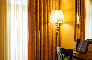 Curtains and Floor lamp in the interior. Calm room interior in classic style.