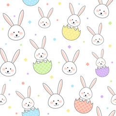 Design of an Easter pattern with smiley bunnies and eggs. Vector