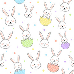 Obraz premium Design of an Easter pattern with smiley bunnies and eggs. Vector