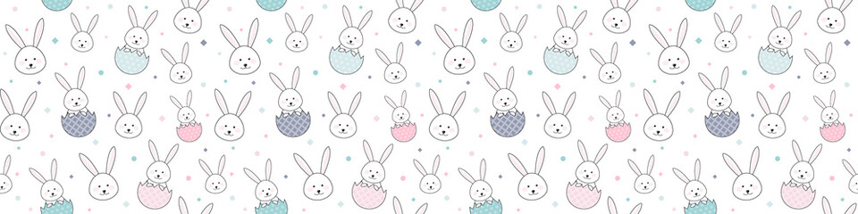 Obraz premium Easter texture with smiley bunnies and eggs. Seamless pattern. Banner. Vector