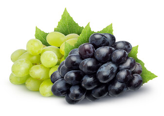 Isolated grapes. Pile of dark blue and green (yellow) grapes with leaves isolated on white background with clipping path