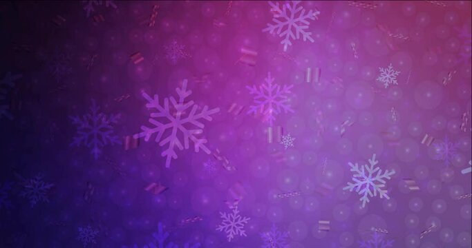 4K looping dark purple, pink video footage in New Year style. Holographic abstract video with snow and stars. Clip for holyday commercials. 4096 x 2160, 30 fps.