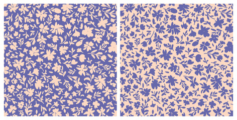 Set of botanical seamless repeat pattern. Random placed, vector very peri flowers with leaves all over surface print.