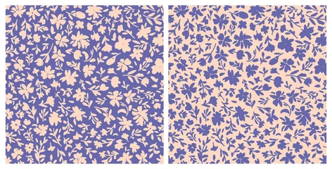 Türaufkleber Pantone 2022 very peri Set of botanical seamless repeat pattern. Random placed, vector very peri flowers with leaves all over surface print.