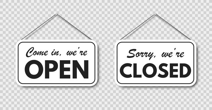 Come in, we're open and sorry, we're closed hanging signboard set with rope and shadow on transparent background. Vector EPS 10