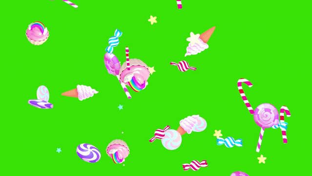 Looped cartoon candies on green screen background animation. 