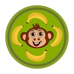 Smiling monkey head with brown eyes surrounded by bananas in round icon