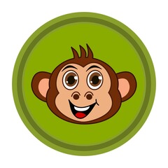 Smiling monkey head with brown eyes in green round icon