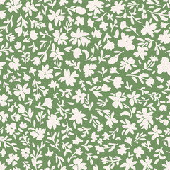 Botanical seamless repeat pattern. Random placed, vector flowers with leaves all over print on sage green background.