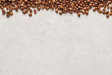Coffee beans scattered above. Grunge soft background copy space with grain border