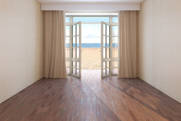 Empty Hotel Room with Sea View. Interior with Beige Curtains, Open Door Overlooking the Beach, Yellow Sand and Clouds. Dark Parquet Floor and Beige Plaster Walls. 3d rendering, 8K Ultra HD, 7680x5121