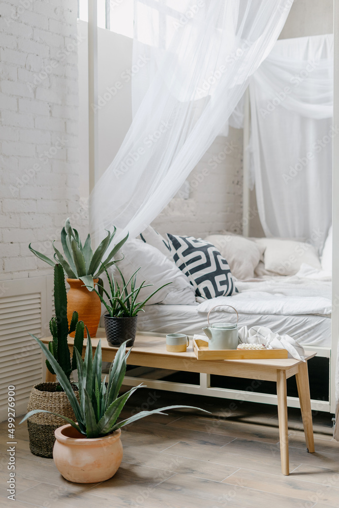 Wall mural breakfast tray, home decor and houseplants in bright boho bedroom