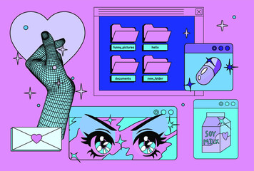 Obraz premium Vaporwave the 90's like style collage with user interface elements and cartoon anime illustrations.