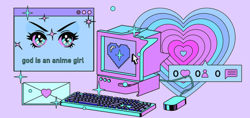 Fototapeta premium Vaporwave the 90's like style collage with user interface elements and cartoon anime illustrations.